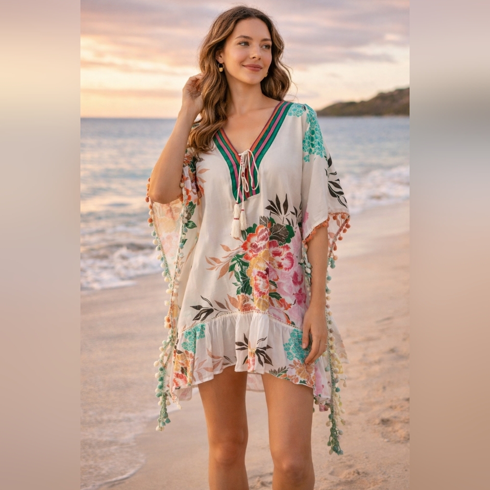 Z&L Made With Love Floral Boho Tunic Top XL | Sheer Cotton Kaftan Blouse Tassel